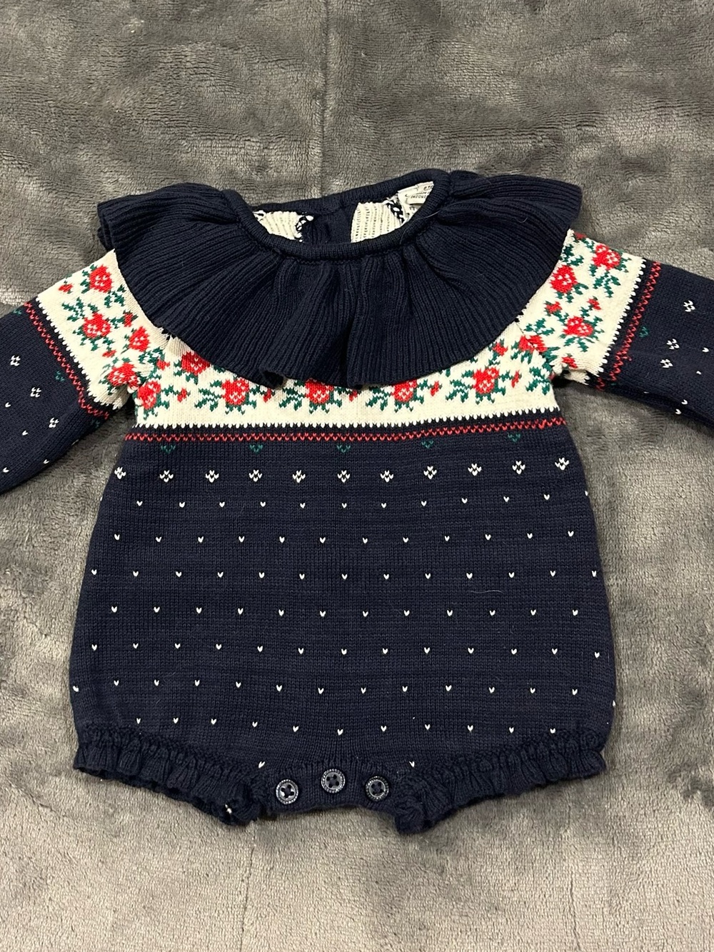 Janie and Jack Navy Knit Floral Romper with Ruffle Collar Never Worn